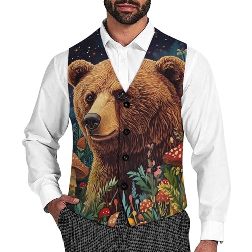 Bear Mushroom Starry Sky Men's Suit Vests Business Formal Dress Vest V-Neck Waistcoat for Wedding Casual