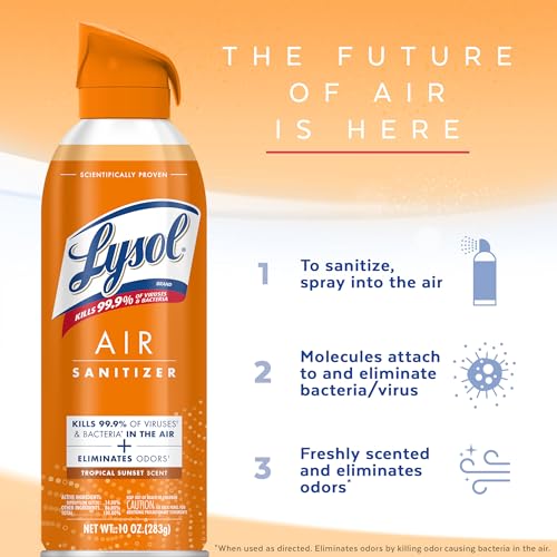 Lysol Air Sanitizer Spray with Odor Eliminator for Home & Office, Sanitizing Spray, Air Freshener Alternative, Tropical Sunset Scent, 10 oz (Pack of 3) - Image 5