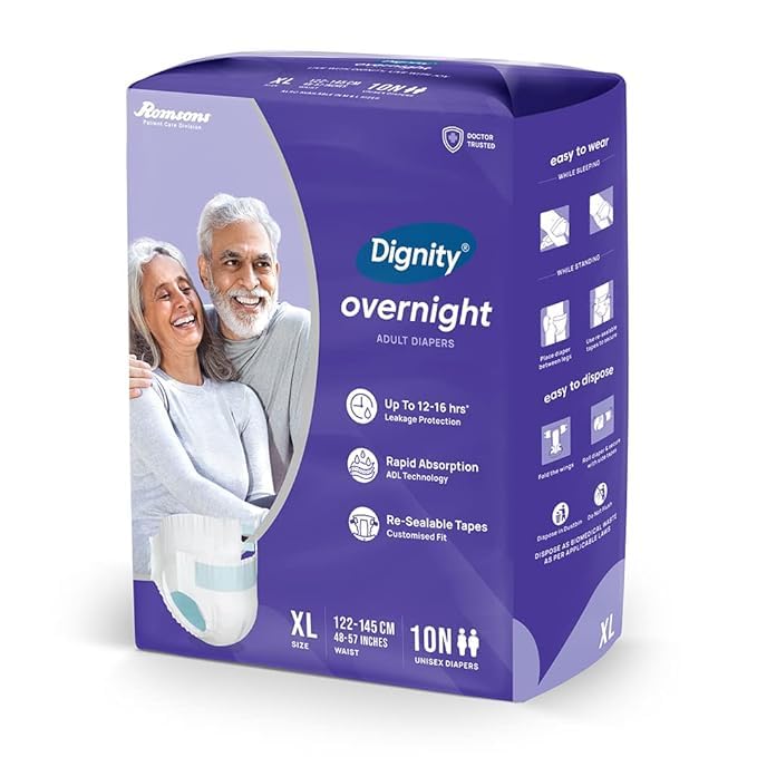 Image of DIGNITY Overnight Tape Style Adult Diapers - XL (20 Pieces) With Wetness Indicator and Leakage Protection Upto 12-16 Hrs.