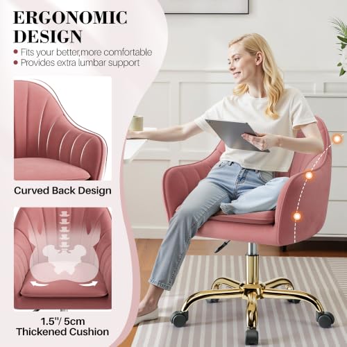 Image of Vanity Chair with Wheels, Comfy Home Office Desk Chairs Adjustable Modern Velvet Makeup Vanity Chairs for Bedroom Living Room-Dusty Rose