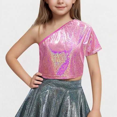 Kids Girls One Shoulder Short Sleeve Dance Crop Top Shiny Sparkly Hip Hop Streetwear Cropped T-Shirts Dancewear 3-163