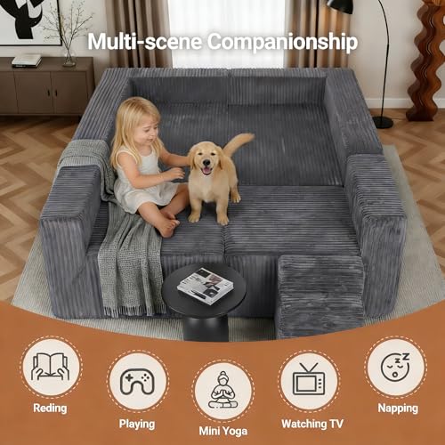 Image of Claiks 128 inch U Shaped Boneless Couch, Corduroy Sectional Sofa, Grey