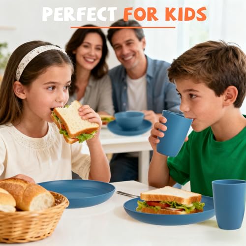 Image of Wheat Straw Dinnerware Sets for 4, Reusable Plastic Dinner Plates, Unbreakable Kids Plates and Bowls Sets 20 PCS, Dishwasher & Microwave Safe Kitchen Camping Dorm Dish Sets- Blue