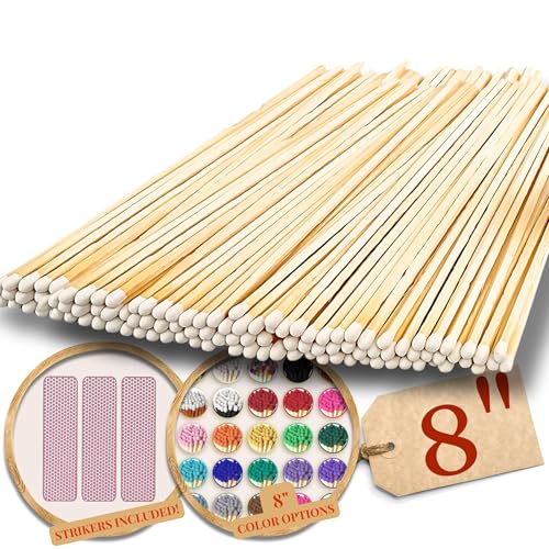 100 Count | 8 White Tip Matches | Strikers Included | Color Tip Wooden Match | Extra Long Fireplace Match 8 inches