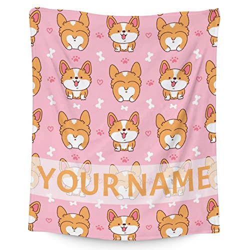 Personalized Corgi Blanket Gifts with Name - 30"x40" Cute Throw for Adults, Kids - Pink Soft Fuzzy Blankets for Couch & Office