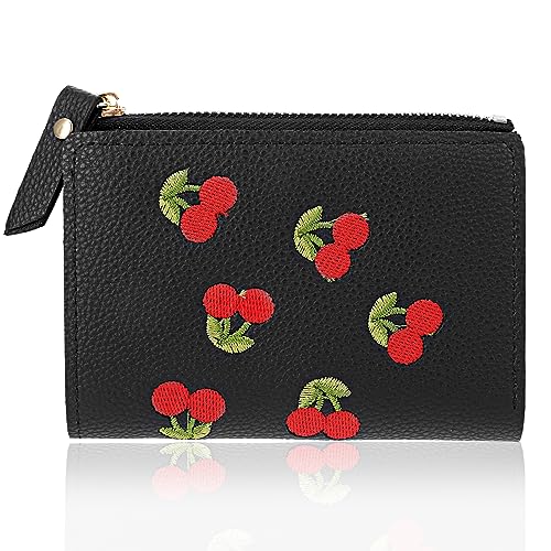 Women's Wallets, Short Cherry Embroidery Trend Ladies Small Wallets, Cute Small Wallets for Girls Leather Zipper Wallets (black)