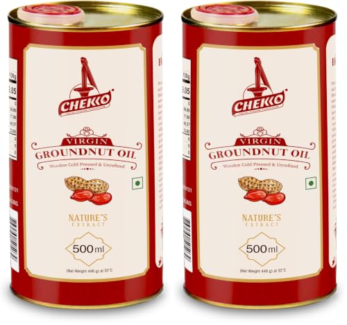 Image of Chekko Cold Pressed Virgin Groundnut Oil (500ml) | 100% Natural, Pure & Wood Pressed Peanut Oil for Cooking, Seasoning, Traditional Indian Recipes & Daily Use (Pack of 2)