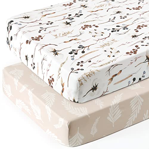 Stretch Ultra Soft Jersey Knit Fitted Crib Sheets Set 2 Pack, Fits All Standard Crib Mattress Pads Safe And Snug, Crib Fitted Sheet For Baby, Stylish Pretty Flora For Baby, Beige #TOP1