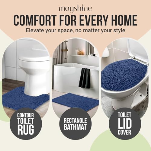 Image of Standard 3pc Set Chenille Bath Mats, Includes 21 inchx24 inch U-Shaped Contour Toilet Rug, 21 inchx34 inch Inches Bathmat and 1 Toilet Lid Cover, Plush Absorbent Bath Mats Quick Dry, Dark Blue
