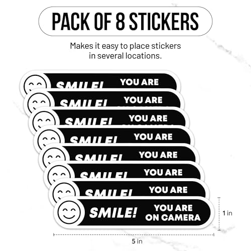 Image of | Smile You're On Camera Stickers (8 Pcs) - Strong Adhesive, Waterproof You are On Camera Signs! Size 5 inch x 1 inch. Anti Theft Car Stickers. Perfect for Business and Home Security (8)