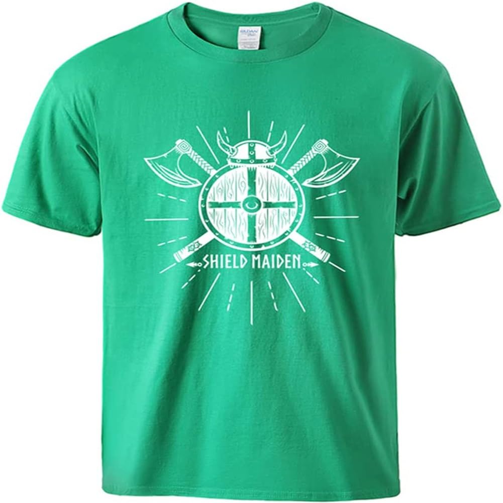 Cirvme Unisex Green Norse Mythology Battle Ax Men's T-Shirt, 3D Viking Classic Print Summer Breathable Short Sleeves, Birthday Gift Ideas For Family And Friends.