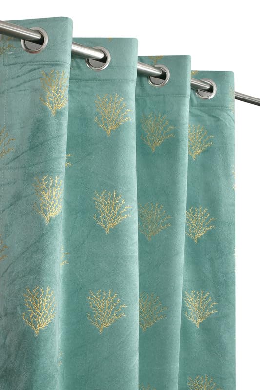 Velvet Curtain with Gold Tree Print Curtain for Window 5 Feet, (Pack of 1, Aqua)-image-20