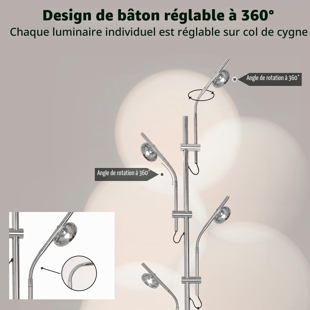 Lampadaire sur Pied Salon Projecteur RGB,Lampe sur Pied avec 5 Têtes d'éclairage Réglables,Lumière d'Ambiance LED Lampadaires 3000K,Lampe Coucher de Soleil avec Filtres de Couleur Interchangeables