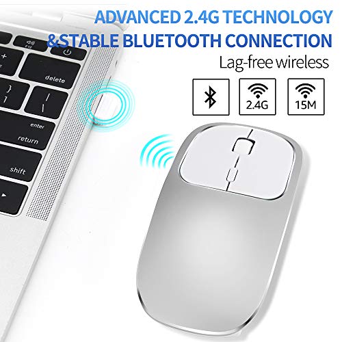Zienstar Mouse Wireless Bluetooth Ricaricabile,Topi Cordless BT4.0 e 2.4G Modello Doppio,Clic Silenzioso,Guscio Superiore in Lega di Alluminio per MacBook, Laptop e PC -Argento