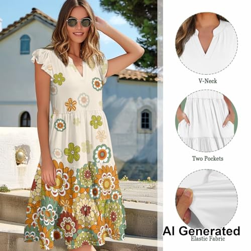 Image of Womens Summer Dress Ruffle Sleeve V Neck Dress Casual Fit Flowy Beach Vacation Sundress with Pocket S-2XL