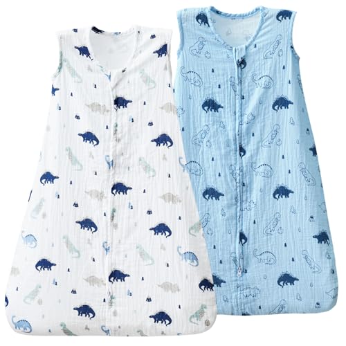 Image of david's kids Muslin Cotton Baby Sleep Sack 0-6 Months, 2 Pack 100% Cotton Sleeping Bag for Summer, TOG 0.5 Baby Wearable Blankets with 2-Way Zipper, Soft Sleep Sacks for Newborn Infant, Dinosaur