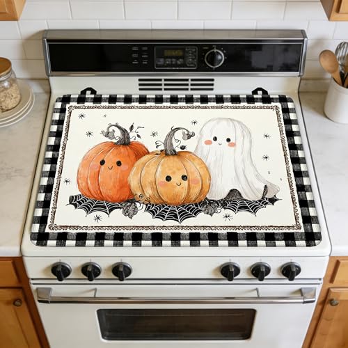 Image of Cute Cartoon Pumpkins Stove Top Cover for Electric Stove, Heat Resistant Glass Cooktop Cover, Stovetop Protector, Dish Drying Mats Cover for Ceramic Washer Top 28x20 inch