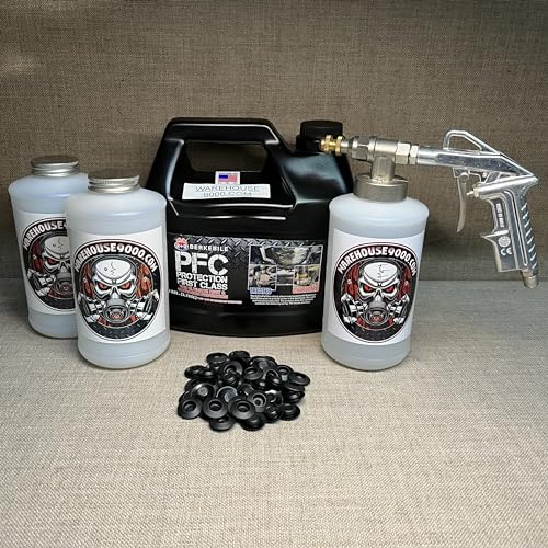 Gallon PFC Amber, Pro Undercoating Spray Gun, 3 White Quart Bottles, and 50 Rust Plugs