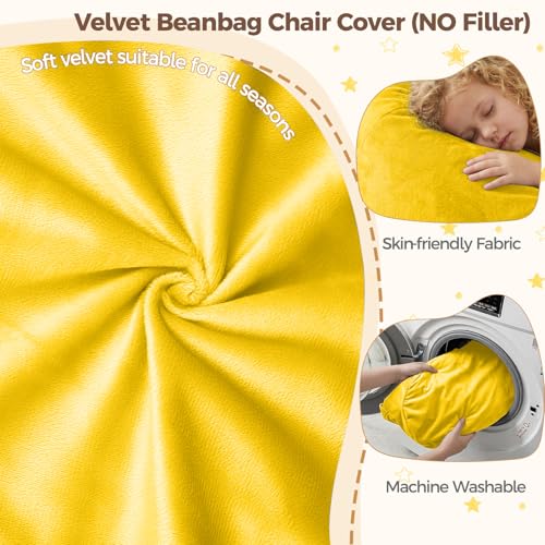 Image of Stuffed Animal Storage Bean Bag Chair Cover for Adults (No Filler), Soft Comfy Velvet Beanbag Chair Cover Machine Washable, Adults Bean Bag Chair with Handle for Living Room Bedroom, Yellow