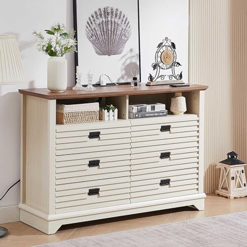 Image of LIDYUK Dresser for Bedroom, 6 Drawer Dresser with Charging Station, Wooden Dresser with LED Light, Wide Chest of Drawers with Power Outlet, for Living Room, Antique White