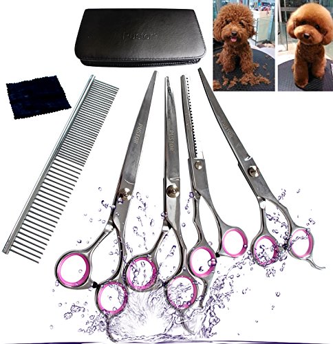 PUSTOR Dog Shears Stainless Steel Grooming Scissor kit Curved Hair Professional Pet Scissors and Comb for Thinning,7.0 Inches