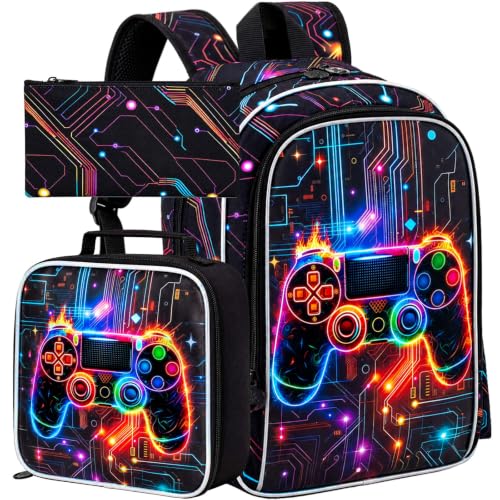 HPJGD 3 peças de mochila para meninos, 40,6 cm Gamer Gear Conjunto de mochila pré-escolar com lancheira, mochila escolar infantil resistente à água para ensino fundamental – Controle de jogos Data