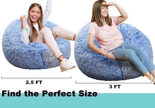 Image of Fluffy Bean Bag Chair, 3FT Round Memory Foam Filled Bean Bag for Teens & Kids, Ultra Soft Faux Fur Fabric Bean Bag Chairs for Playroom, Living Room, Bedroom, Blue