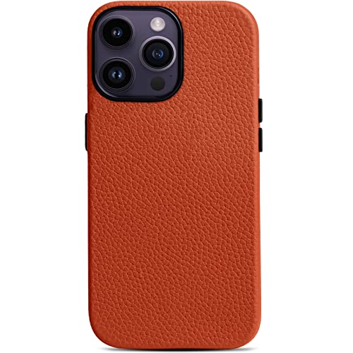Funda de Cuero para iPhone 14 Pro MAX con Apple mag-Safe, Cuero Genuino, Antiarañazos(Naranja Sol) Cover