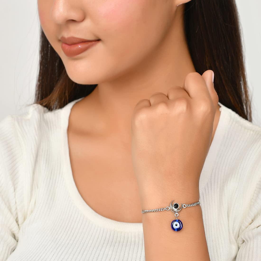Evil Eye Hanging Bead Bracelet Shiva Moon Oxidized