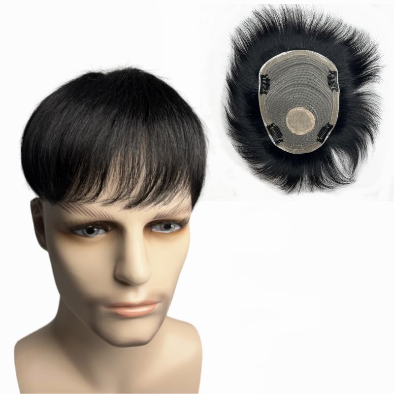 Anemone Peluca de cabello humano para hombre, con clip de repuesto de poliuretano alrededor del cabello, extensiones de cabello masculinas para