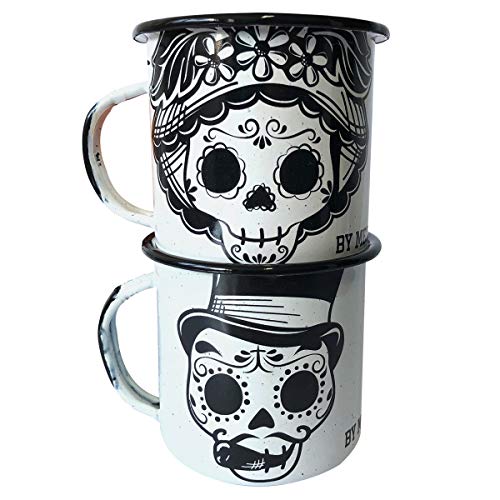 BY MEXICO Catrines White Pocillo de Peltre Duo, 12 oz. Enamel Mugs - 2 Piece Set