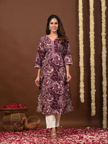 Image of Rimeline Women's Cotton Printed Kurta with Lace-Trim V-Neckline | Straight Fit Ethnic Wear for Festive, Casual & Office Use
