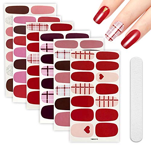6 Sheets Full Nail Wraps Art Polish Stickers Decal Strips Adhesive False Nail Design Manicure Set With 1Pc Nail Buffers Files For Women Girls