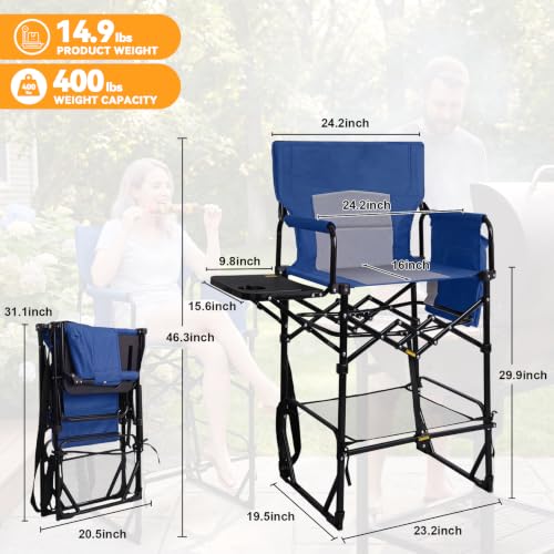 Image of Romswi 2 Pack 30 inch Extra Tall Folding Camping Chairs, Heavy Duty Director Chairs with Side Table, Cup Holder & Storage Pocket, 400 LBS Support, Portable Outdoor Chairs for Camping, Sports, Events, Blue