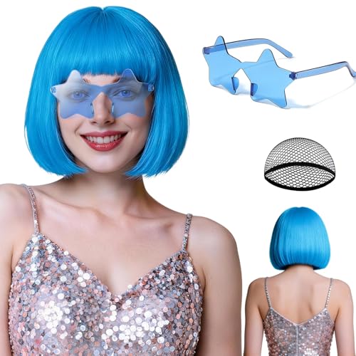 rookea Blue Bob Wig Star Sunglasses Hair Cap Pack for Women Neon Colored Bob Wigs Party Fancy Hairpieces for Birthday Bachelor Princess Christmas Party Music Festival Stage Photography Fashion Show
