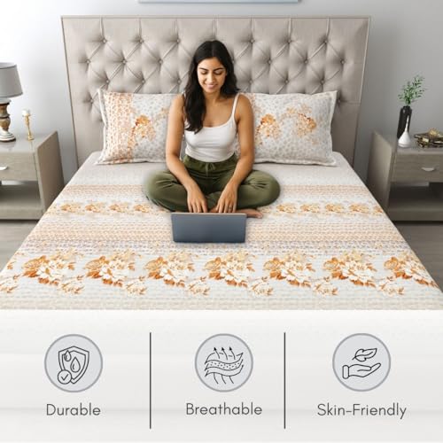 Image of Mafatlal 186 TC Spring Glory King Size Cotton Bedding | 274 x 274 cm | Summer Sweat-Absorbing mancham chadar for Breathable Sleep Comfort | Set with 2 Pillow Covers | Golden Orange