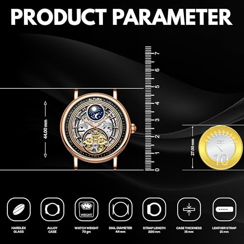 Image of ALTURA Analog Celestial Series Automatic Watch For Men Skeleton 3D Hollow Dial, Diamond Embellishment, Day /Night Subdial, Flywheel, Transparent Back, Leather Strap