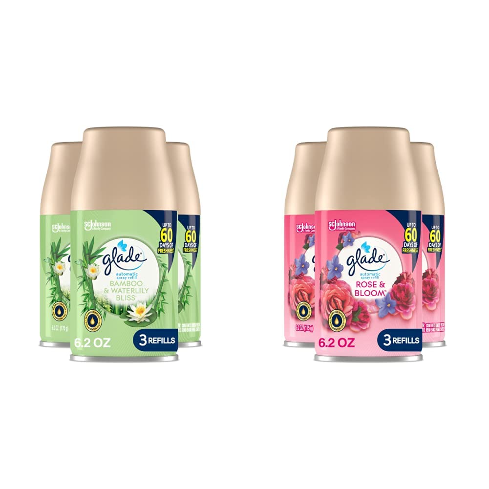 GladeAutomatic Spray Air Fresheners for Home and Bathroom (Bamboo & Waterlily Bliss and Rose & Bloom) | 6 Count