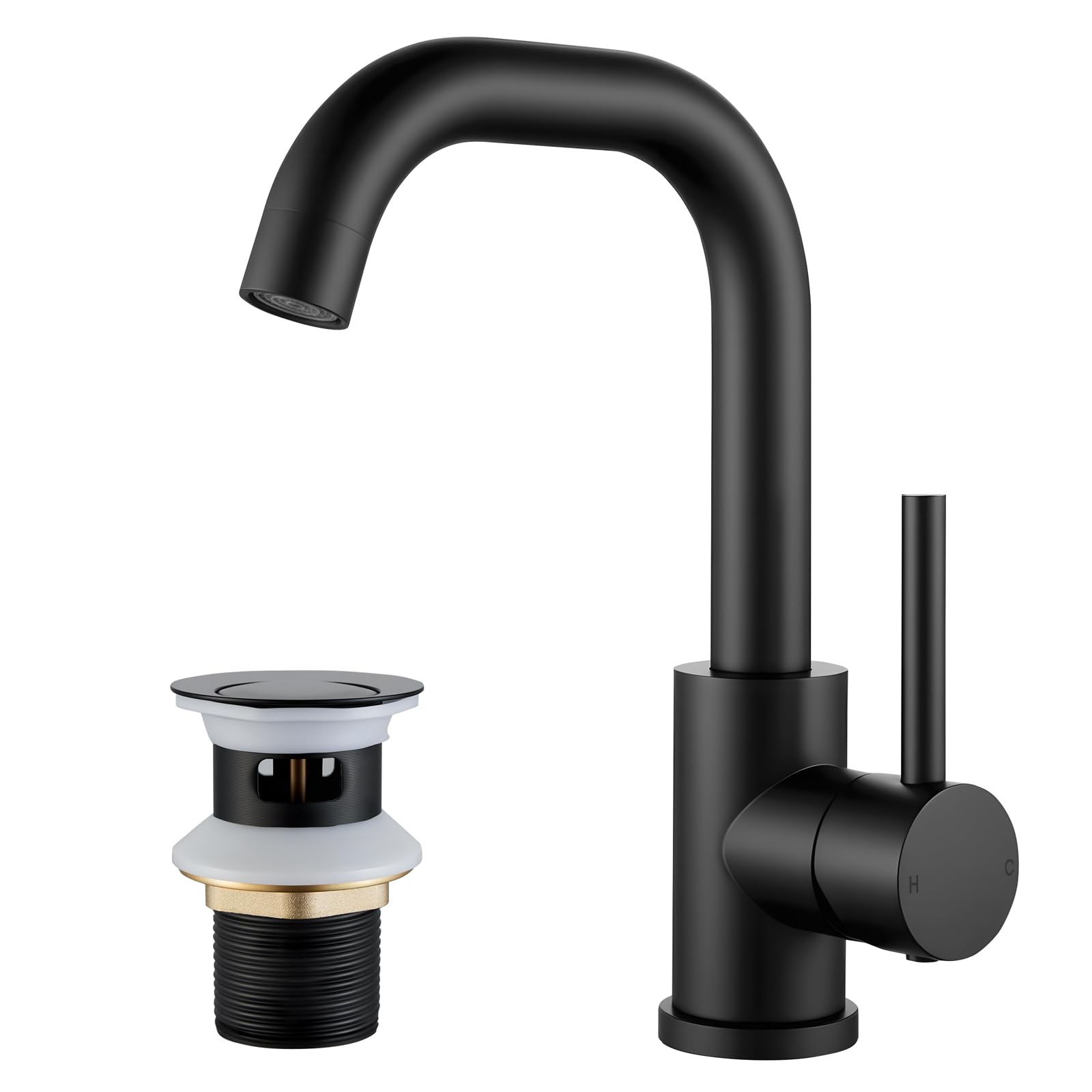 Mitigeur noir pivotant 360 pour salle de bain en acier inoxydable avec bonde pop-up