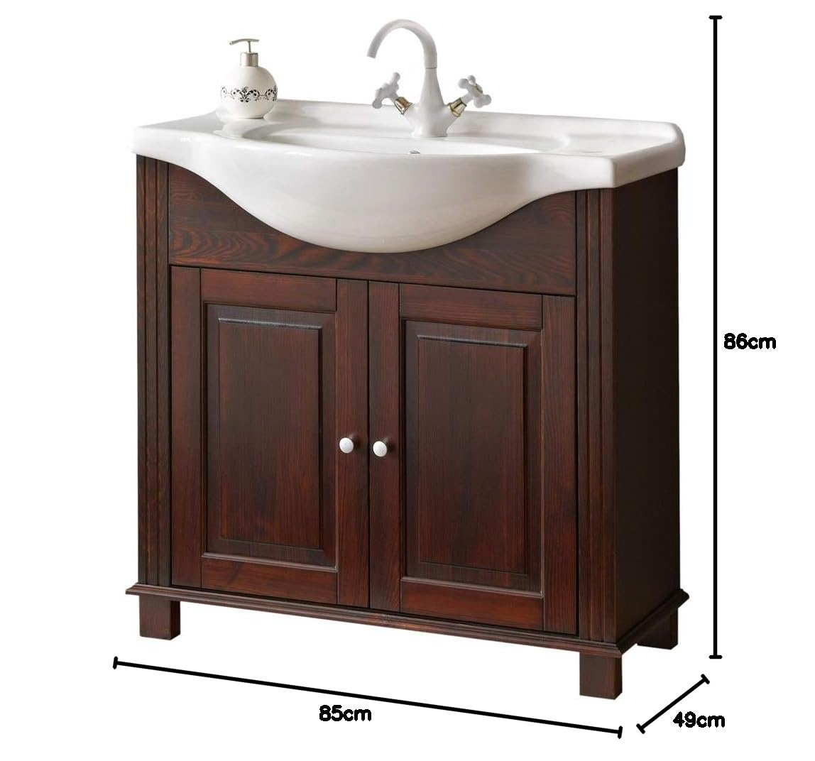 Lomadox Waschtischunterschrank 85 cm Keramik-Waschbecken Im Landhausstil, Pinie Massivholz braun, B/H/T ca. 85/83/49 cm