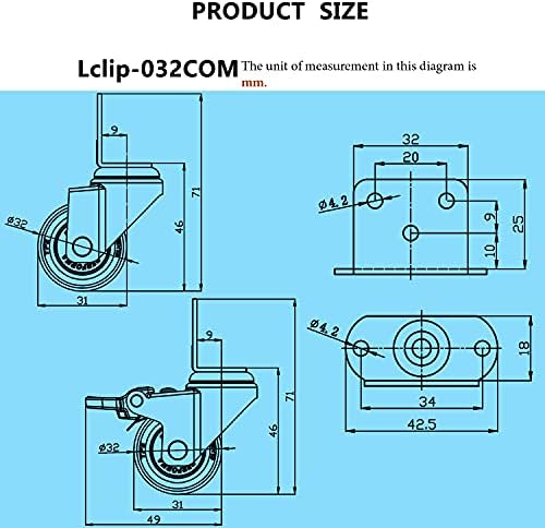 Casoter 1.25"(32mm) L-Shaped Plate Swivel Caster Combo Set - 2 Swivel & 2 w/Brake, TPE Rubber Wheel Metal Housing Caster L-Clip Side Mount Plate for Furniture, 4 Pack Total Load Capacity 113Lbs/52Kg