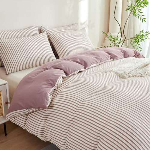 Image of Grayish Purple Striped Comforter Set Queen - 3 Pieces Bedding Comforter Set for All Season, Soft Lightweight Washed Microfiber, 1 Striped Comforter and 2 Pillowcases (Purple, Queen Size)