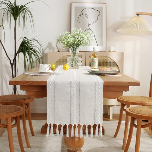 Wracra Camino de Mesa de Algodón con Tejido Calado, Estilo Campesino Marfil Camino de Mesa de 180cm de Largo con Borlas para Decoración de Mesas de Comedor, Cocina y Postres (Marfil, 180cm)