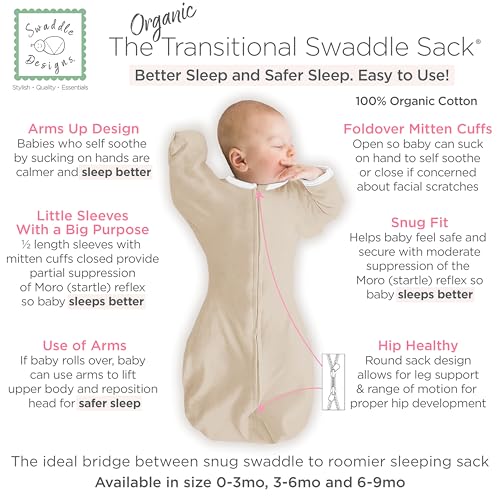 Image of SwaddleDesigns Organic Transitional Swaddle Sack, Arms Up Half-Length Sleeves & Mitten Cuffs, Most Gradual Transition Swaddle