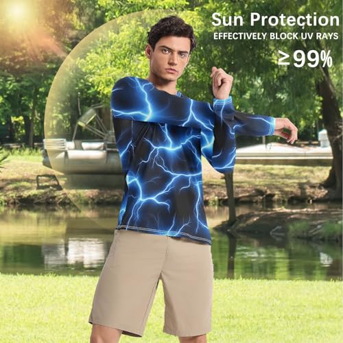 Bolaz Mens UV Protection Shirts Rash Guard Long Sleeve UPF 50+ Blue Lightning Quick Dry S4