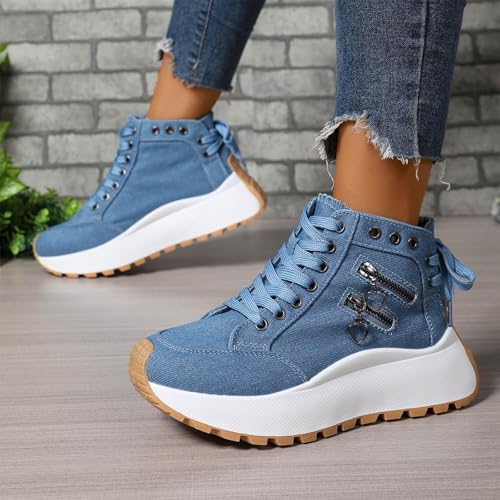 High Heel Wedge Sneakers for Women Fashion Lace up Canvas Casual Shoes Womens Platform High Top Canvas Sneakers Metal Zipper Flatform Arch Support Comfortable Running Sports Shoes4