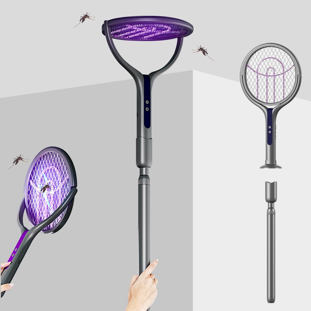 Tapette à Mouches électrique Rechargeable à tête Rotative, Tapette à Mouches électrique avec Tige d'extension Télescopique, Extra Puissante 2800 V avec Piège à Lumière UV pour l'intérieur