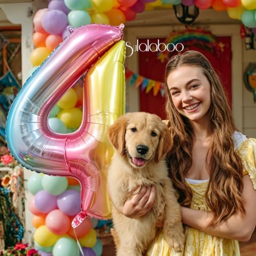 Image of Rainbow Gradient Number 4 Balloon 40 Inch Big Large Balloons 0-9 | 4th Helium Foil Mylar Number Balloons for Birthday Anniversary Party Decorations
