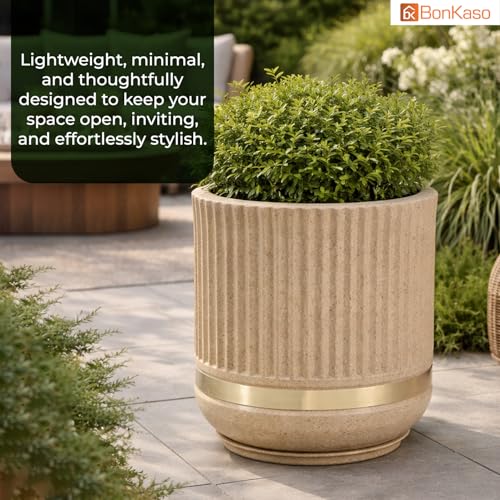 Image of BonKaso 14 Inch Tower Plant Pot for Indoor & Outdoor | Modern Lightweight Polymer Planter | Weather, UV & Frost Resistant | Ideal for Living Room, Balcony, Office & Nursery (Beige)