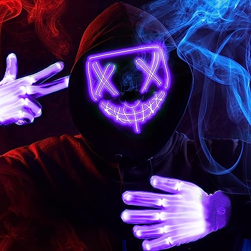 Image of JOYIN Halloween Led Mask, Light Up Mask and Gloves for Cosplay Costume (Purple), 3 Modes Scary Glow in The Dark Masks for Boys Girls Halloween Party Dress Up Accessories, Gifts Giving